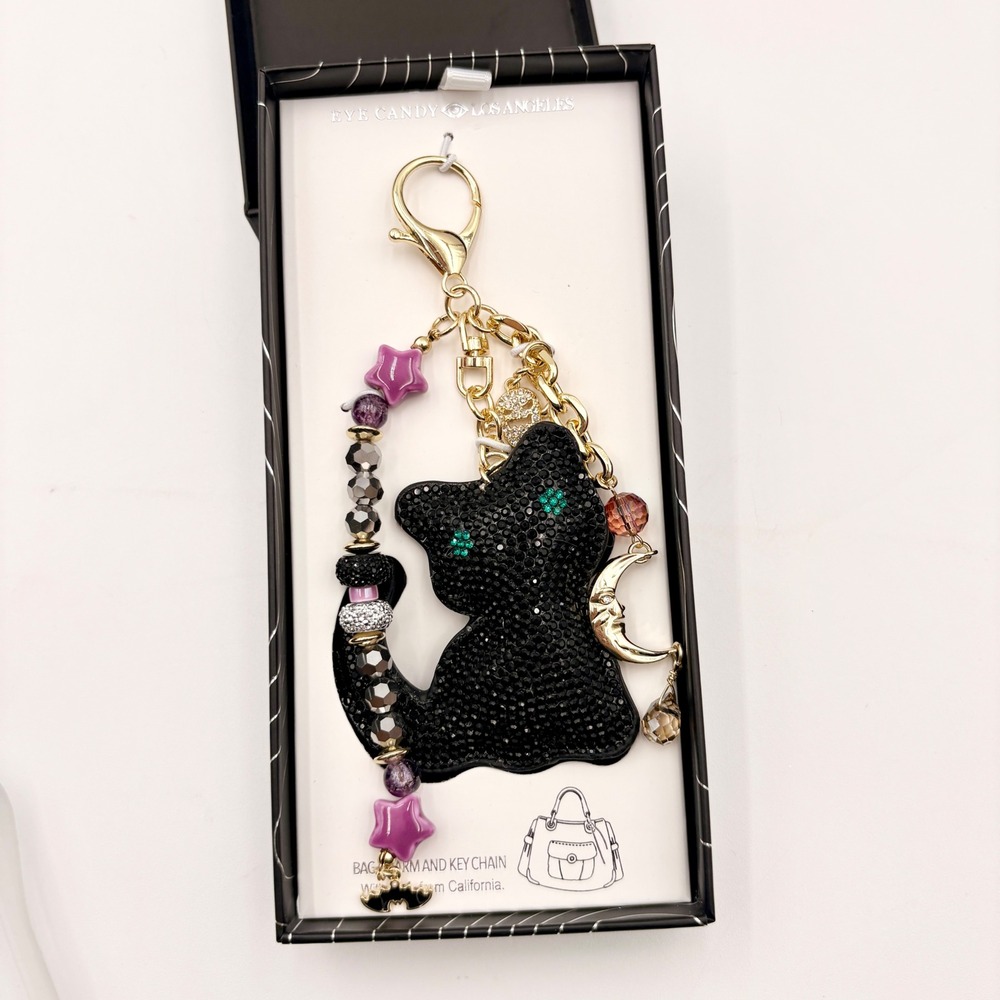 Eye Candy Los Angeles Black Rhinestone Cat Bag Charm Keychain Gold Moon Star New